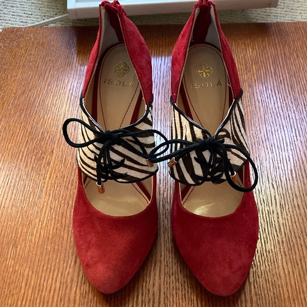 ISOLA Fire Red Suede Zebra Hair stilettos. Sexy and eye catching. Size 8